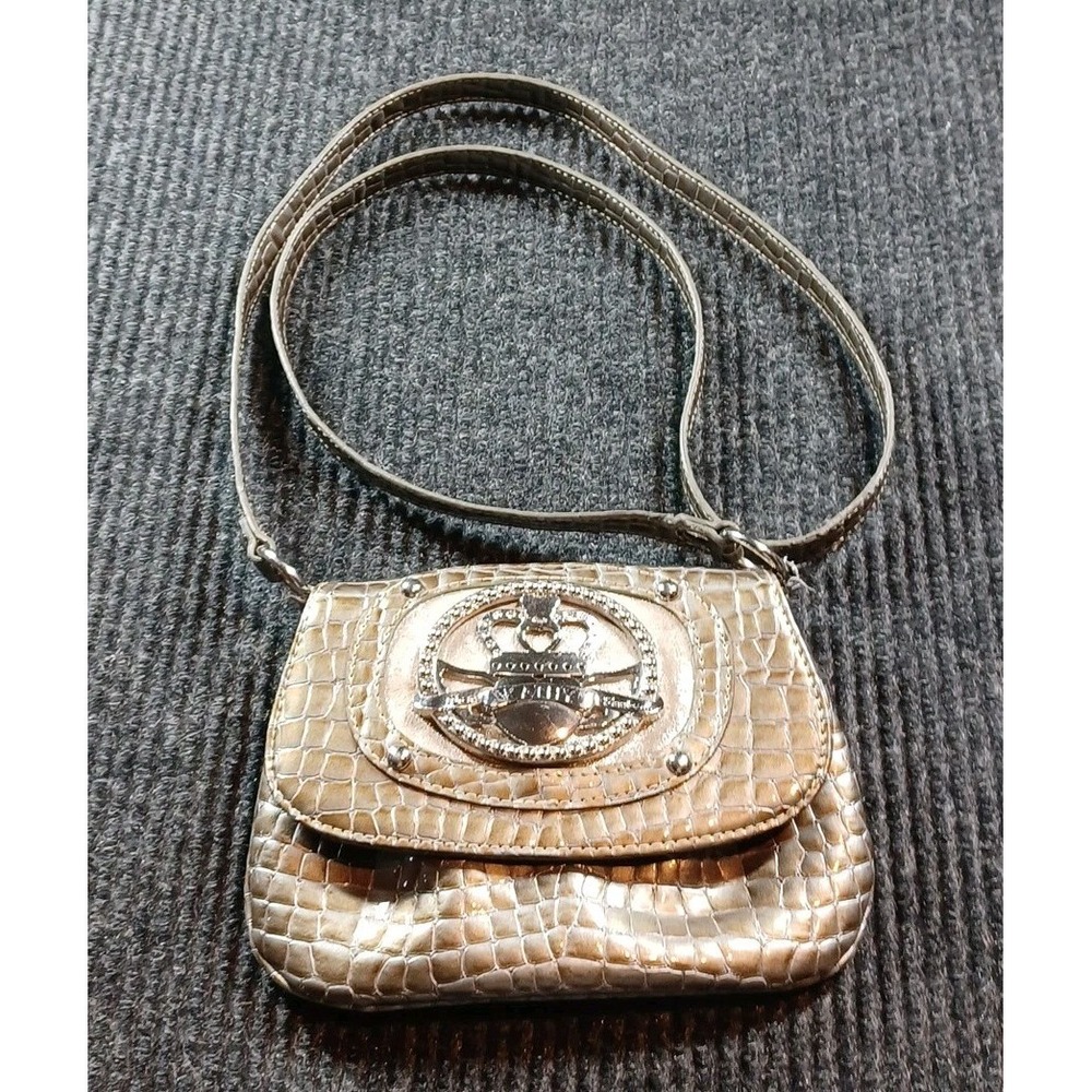 Kathy Van Zeeland Brown Patent Crocodile Small Crossbody Silver-Tone Crown Logo